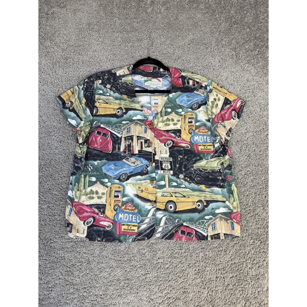 Paradise Found Shirt Womens XL Route 66 Cars Hawaiian Sunset Motel Rayon